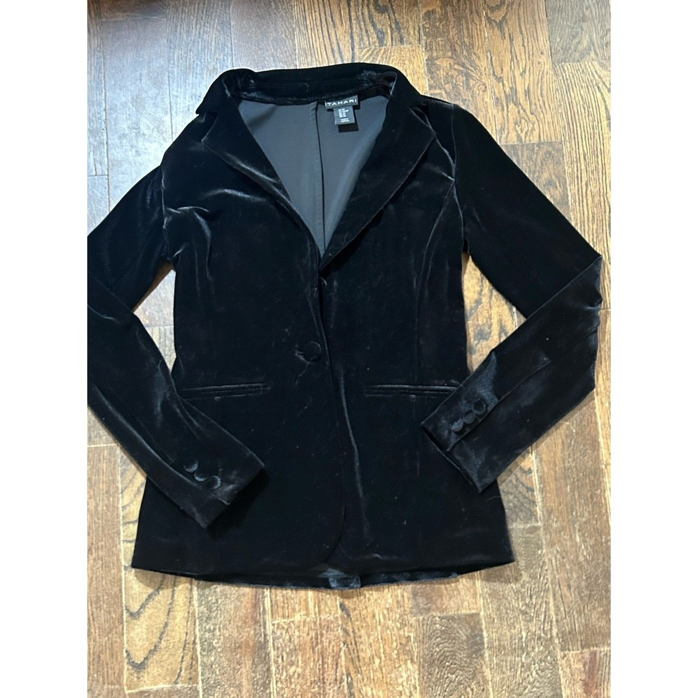 Tahari Blazer Womens XS Black‎ Velvet Tailored Stretch One-Button Slim Evening